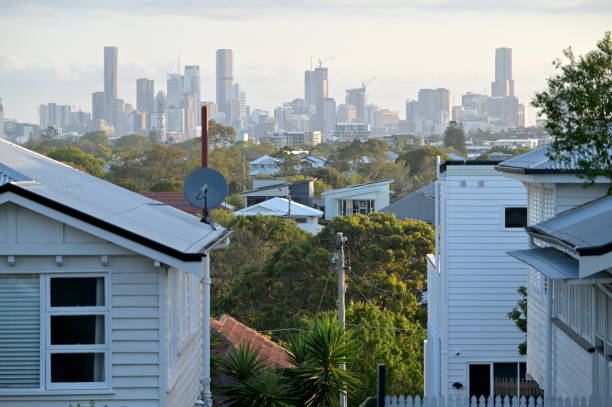 residential houses against brisbane city skyline in queensland australia2139430569