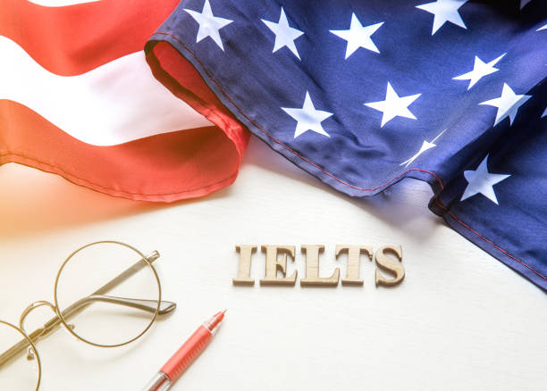 test of english multiple choice on table top view flatlay american flag1213468685